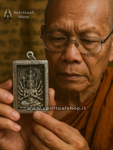 Favoloso e Grosso AMULETO SILVER BUDDHA AVALOKITESVARA POTENTISSIMO contro Malocchio, Fatture, Invidie, Problemi, Perdite Economiche Improvvise. Benedetto Tempio Wat Bang Phra (Unico Pezzo)*