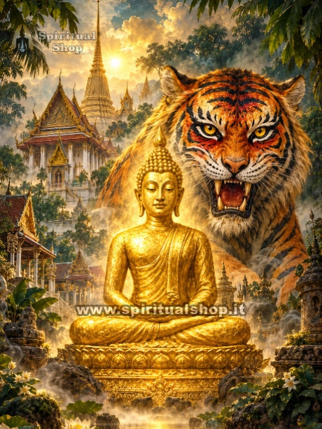 Amuleto Thailandese "TIGER AND BUDDHA" per Proteggersi dai Pericoli, Respingere i nemici Cattiva Sorte, Attirare la fortuna (Unico Pezzo) Tempio Wat Bang Waek