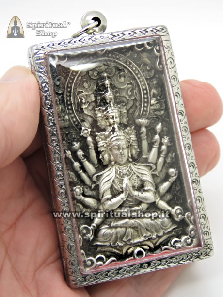 Favoloso e Grosso AMULETO SILVER BUDDHA AVALOKITESVARA POTENTISSIMO contro Malocchio, Fatture, Invidie, Problemi, Perdite Economiche Improvvise. Benedetto Tempio Wat Bang Phra (Unico Pezzo)*