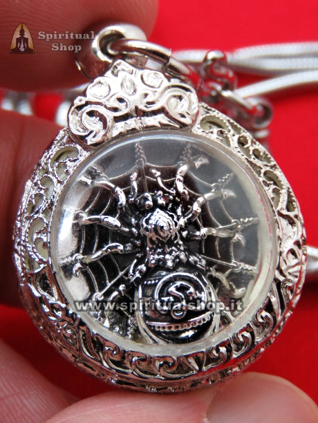 Talismano Thailandese RAGNO CATTURA RICCHEZZA (Maeng Mum Dak Sap) con Collana da LP Kee Tempio Wat Wang Daeng (Unico Pezzo Strepitoso)